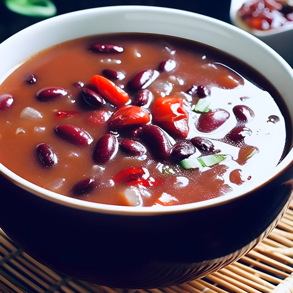 A bowl of red bean soup with red peppers and green onions on a woven mat.