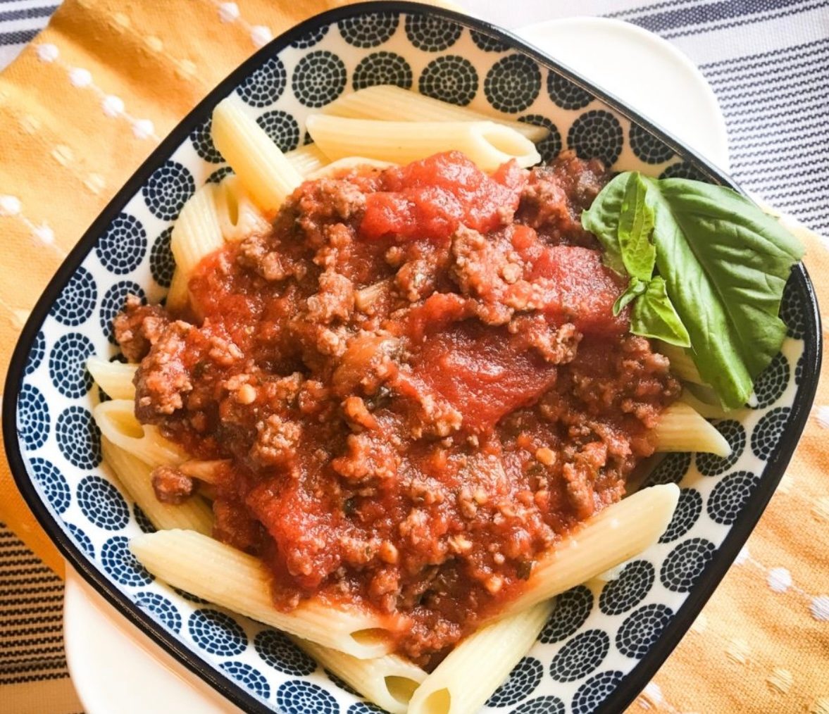 Penne Pasta With Meat Sauce.