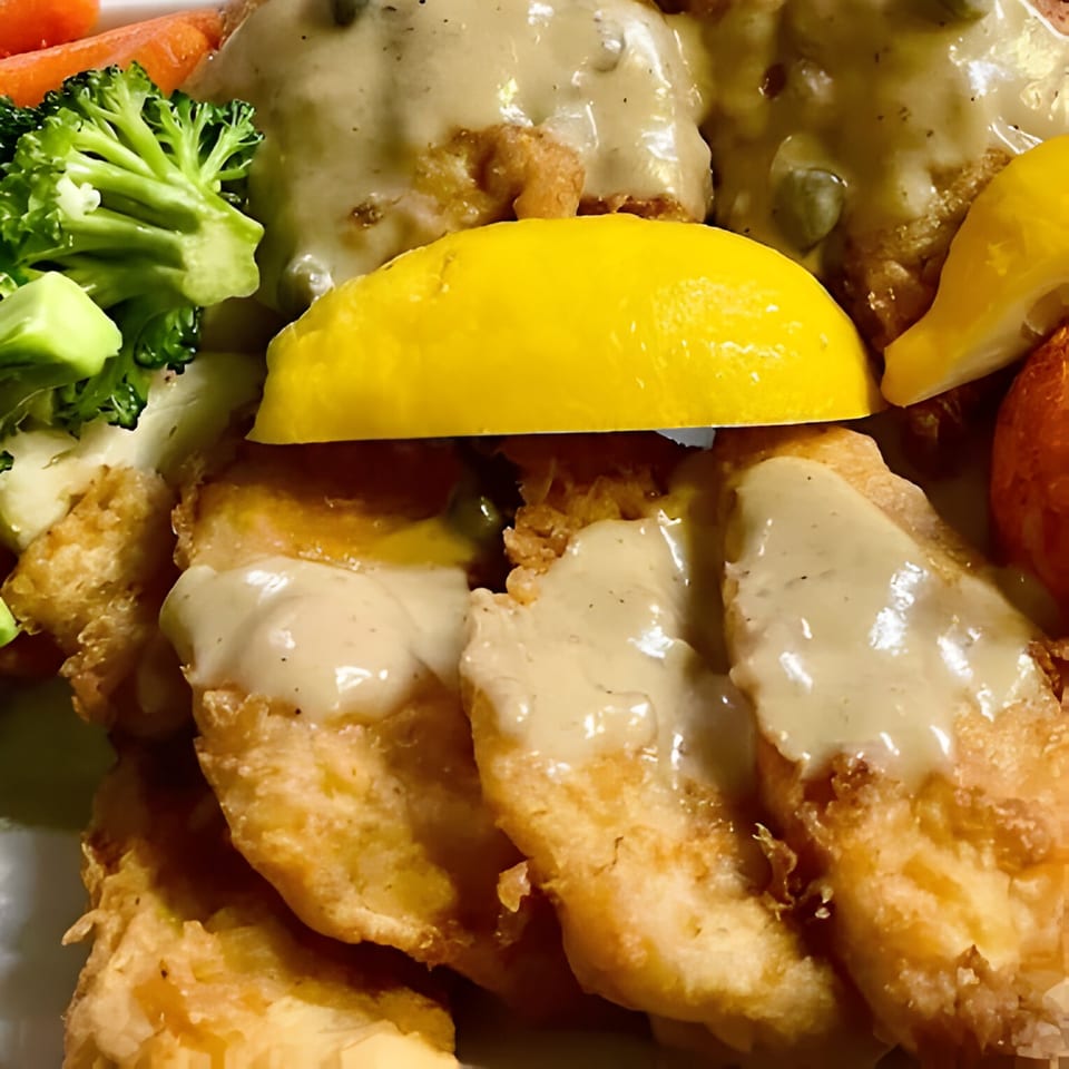 Chicken piccata with creamy sauce, capers, lemon wedges, broccoli, and carrots.