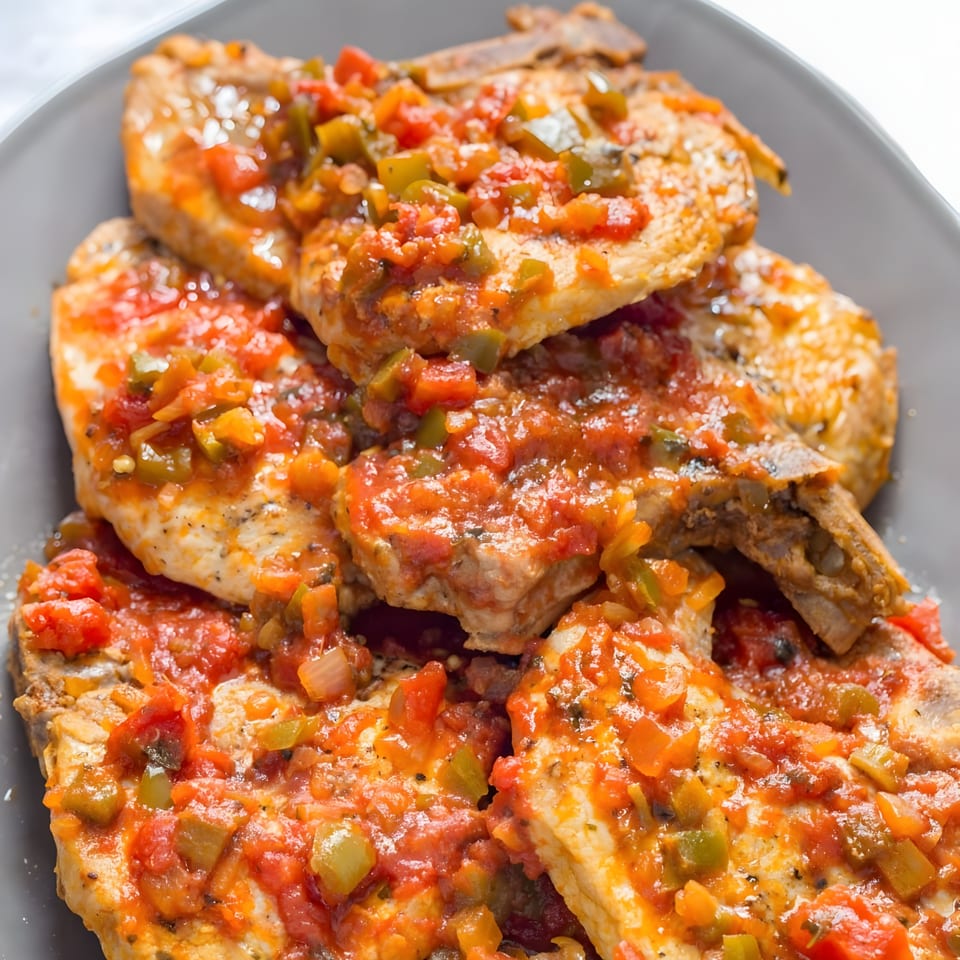 Italian pork chops topped with a vibrant red and green tomato and pepper sauce.