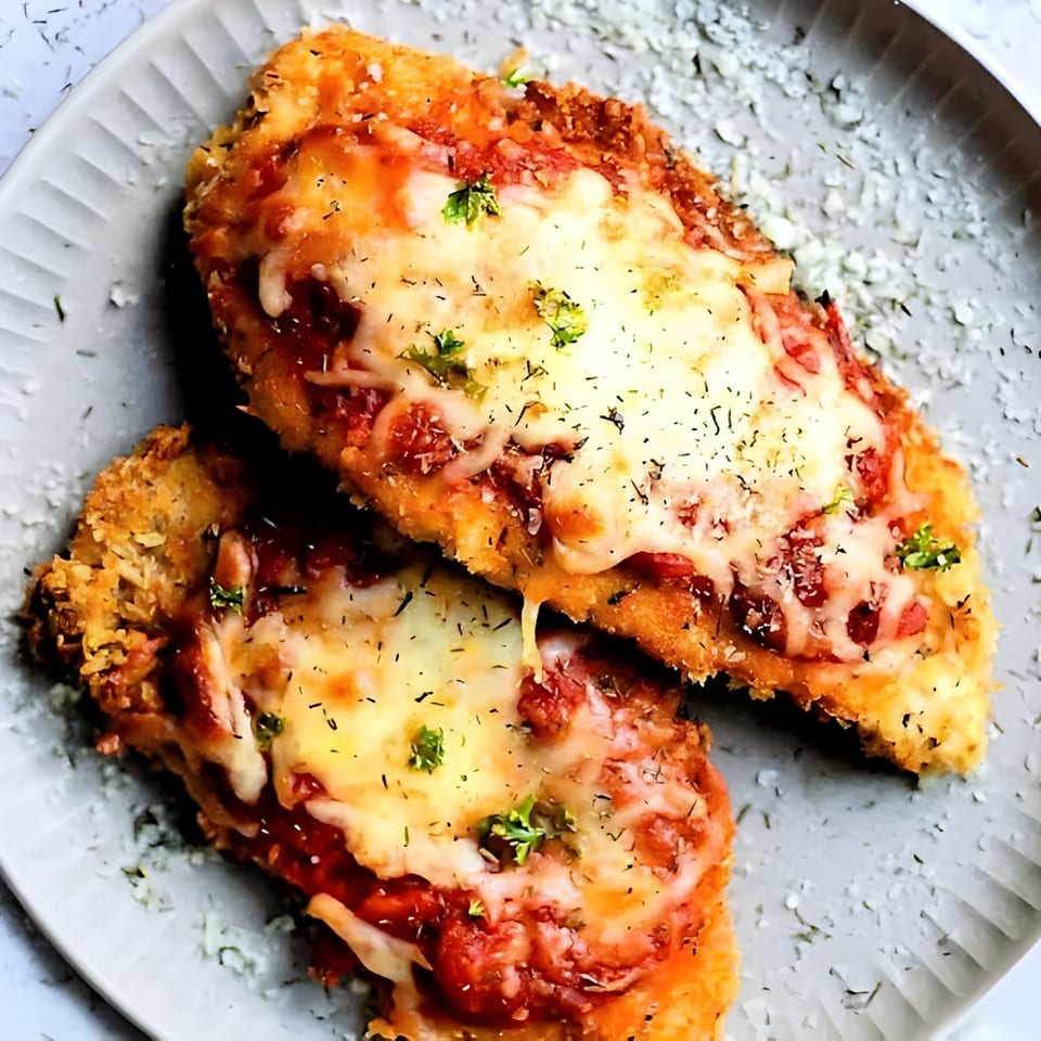 Two golden-brown chicken parmesan cutlets, topped with melted mozzarella, red sauce, and herbs on a white plate.