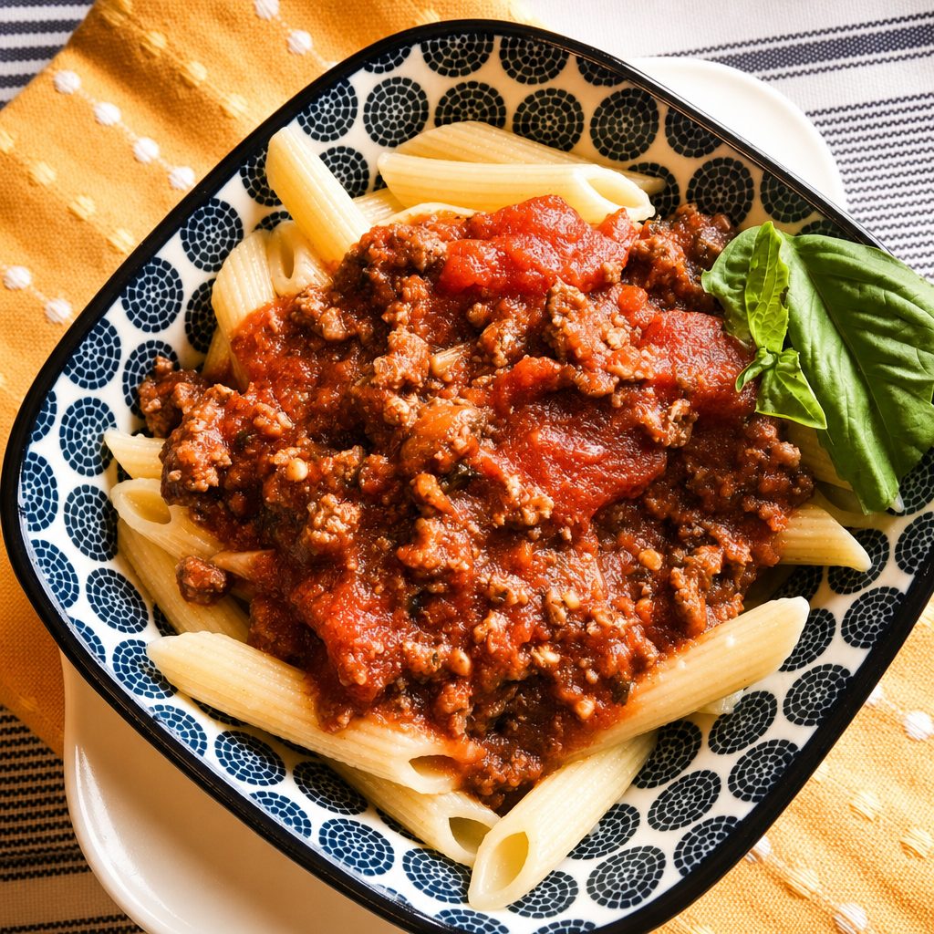 Penne Pasta With Meat Sauce.